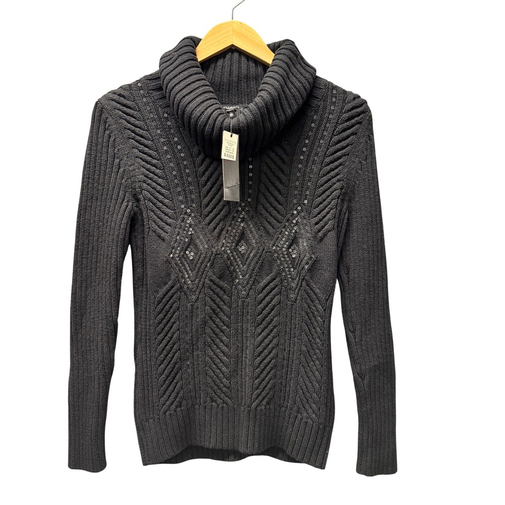 Talbots Sweater Womens Small Petite‎ Cowl Neck Sequin Ribbed Black Pullover NEW